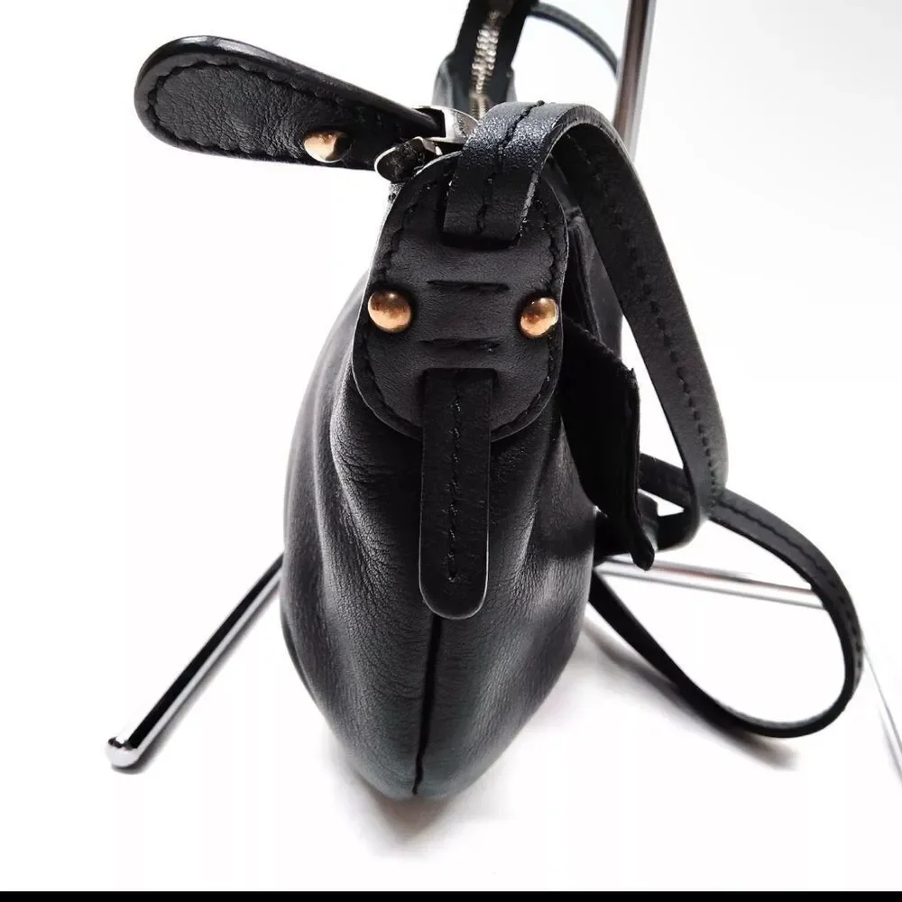 Auth Salvator Ferragamo Black Leather Small Studded Crescent Vara Hobo Bag